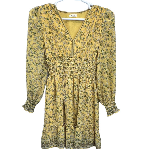 Max Studio Floral Mini Dress Yellow Size S Chiffon Long Sleeve Ruffles V-Neck - Picture 2 of 14